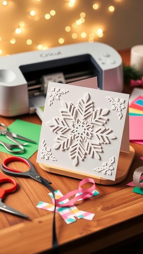 A DIY Christmas card with snowflake designs made using a Cricut, surrounded by crafting supplies on a wooden table.